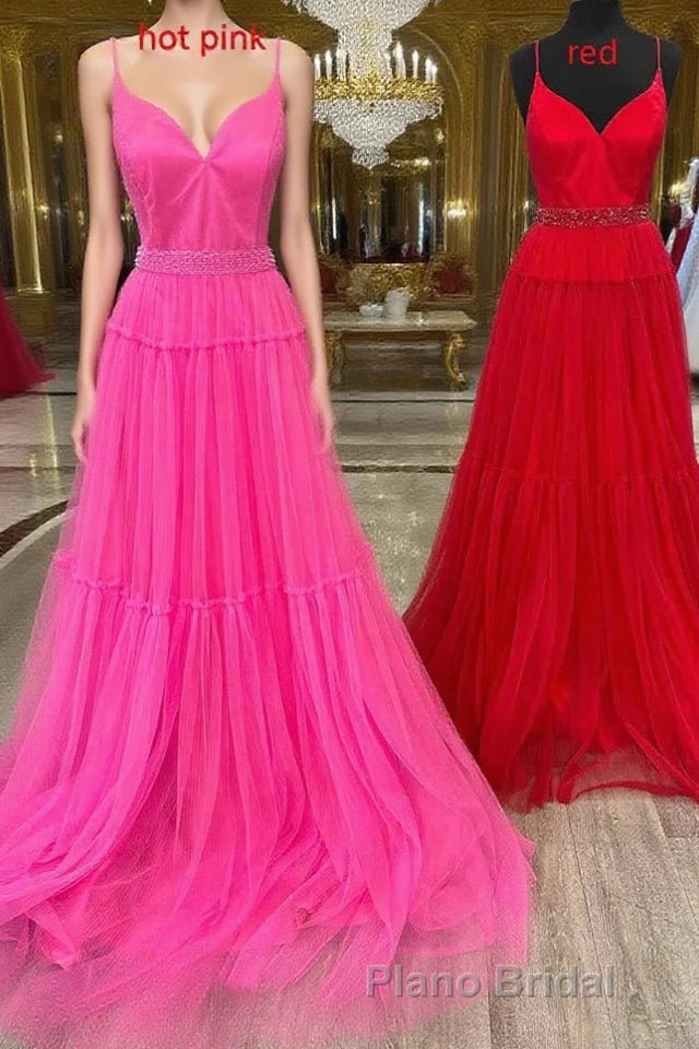 Light Yellow V-Neck Tulle A-Line Long Formal Prom Dresses Main image