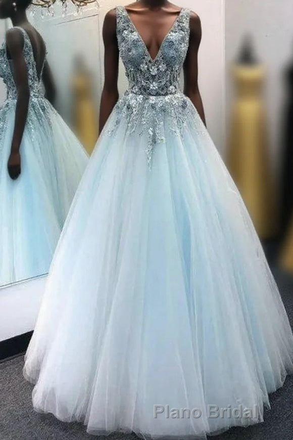 A Line V Neck Tulle Long Formal Prom Dresses with Flowers, Sleeveless Party Dresses