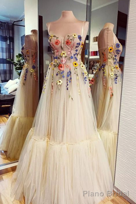 Spaghetti Straps Tulle Floor Length Long Prom Dress with Flowers, Evening Gown Main image