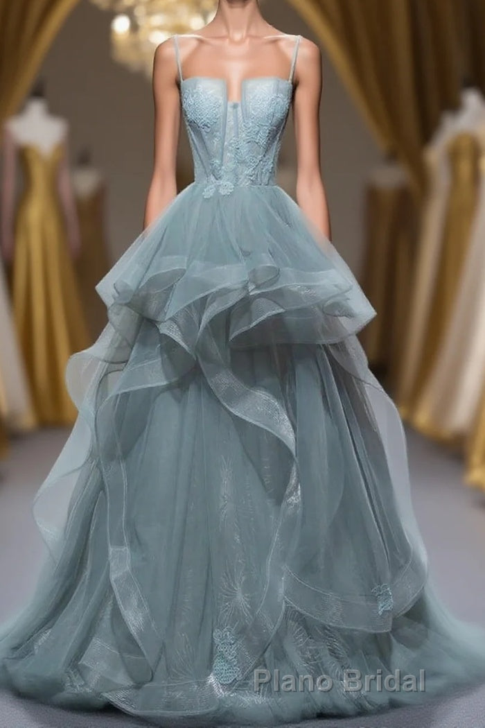 Gray Spaghetti Straps Tulle Princess Formal Evening Party Dresses Long Formal Prom Dresses Main image