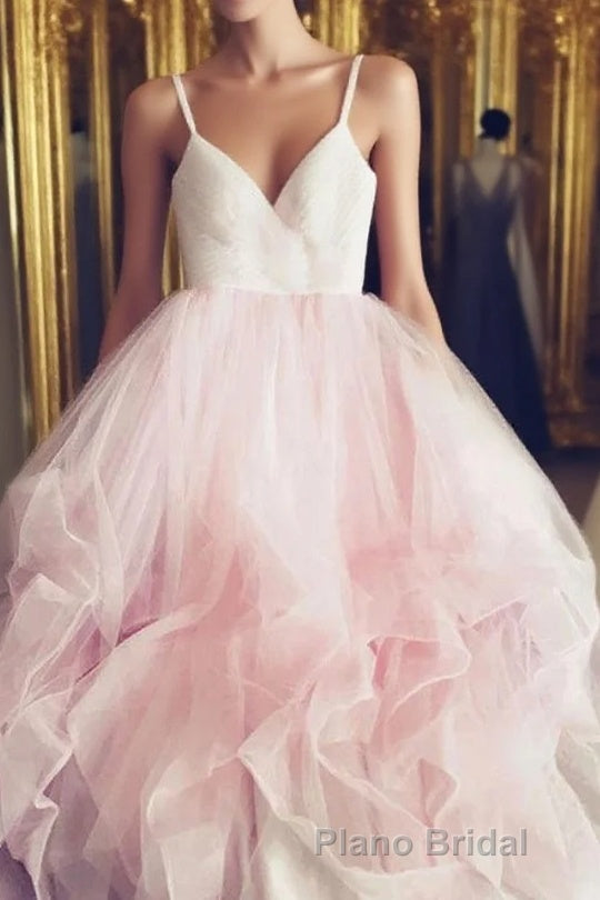 Light Pink Spaghetti Straps Tulle Long Formal Prom Prom Dresses, Puffy Party Dresses Main image