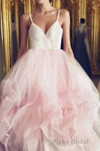 Light Pink Spaghetti Straps Tulle Long Formal Prom Prom Dresses, Puffy Party Dresses