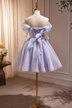 Lightpurple Tulle Off Shoulder Short Formal Prom Dresses, Cute A-Line Off Shoulder Homecoming Dresses