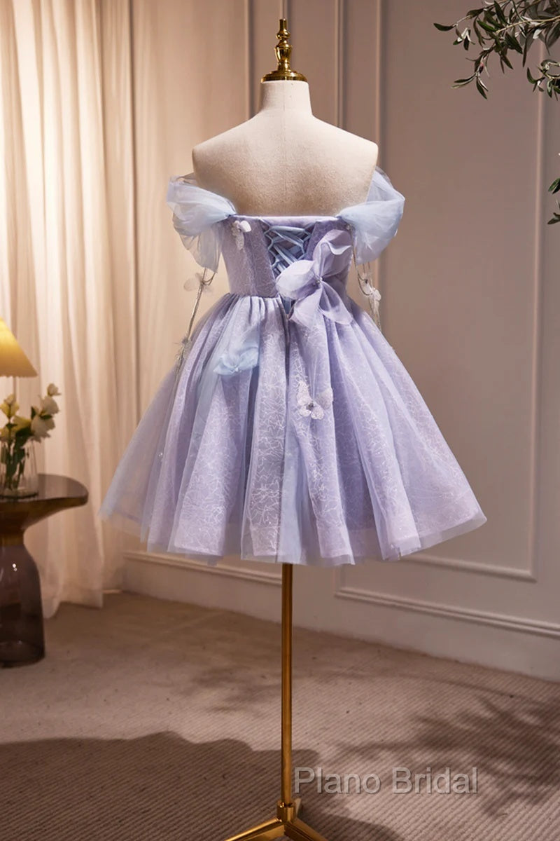 Lightpurple Tulle Off Shoulder Short Formal Prom Dresses, Cute A-Line Off Shoulder Homecoming Dresses