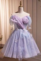 Lightpurple Tulle Off Shoulder Short Formal Prom Dresses, Cute A-Line Off Shoulder Homecoming Dresses