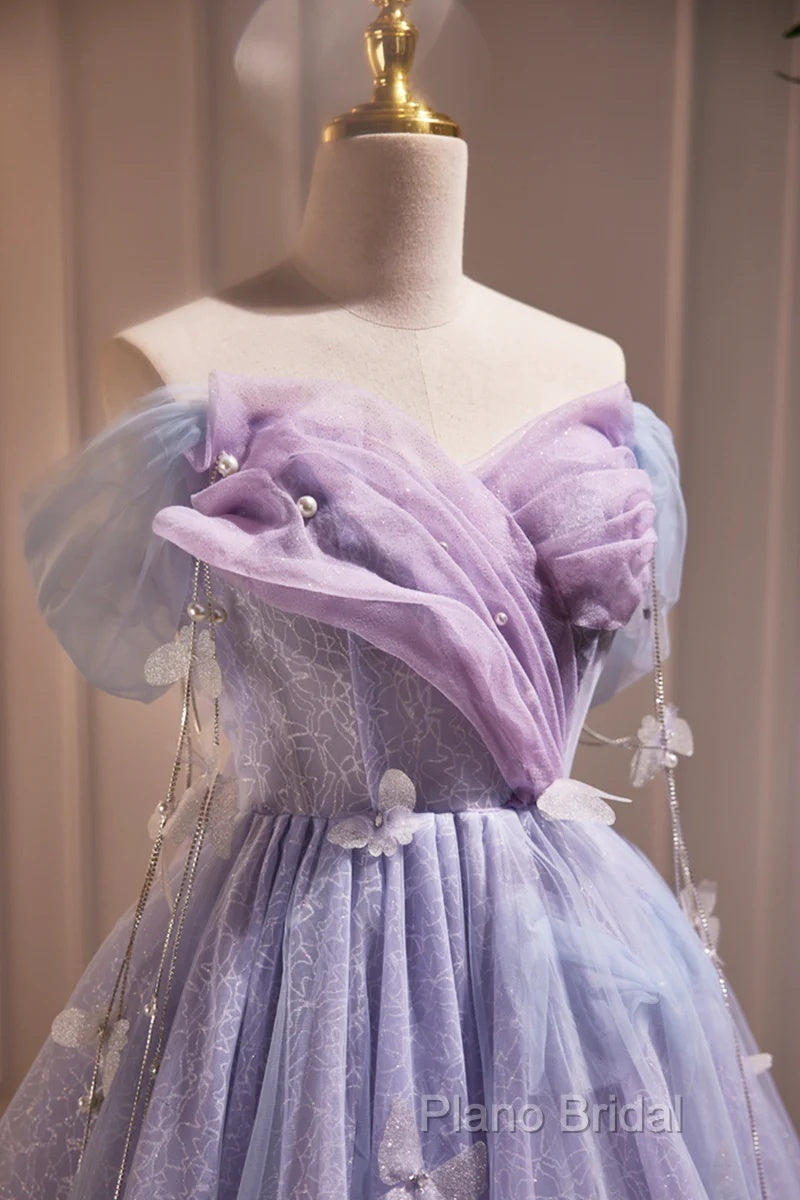 Lightpurple Tulle Off Shoulder Short Formal Prom Dresses, Cute A-Line Off Shoulder Homecoming Dresses