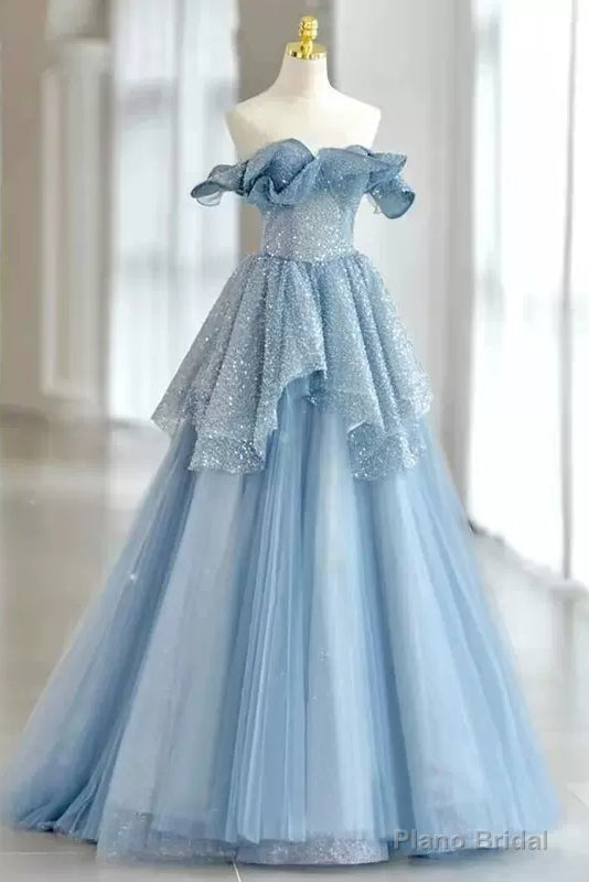 Light Sky Blue Off the Shoulder Tulle Prom Dress, Sparkly Long Party Gown
