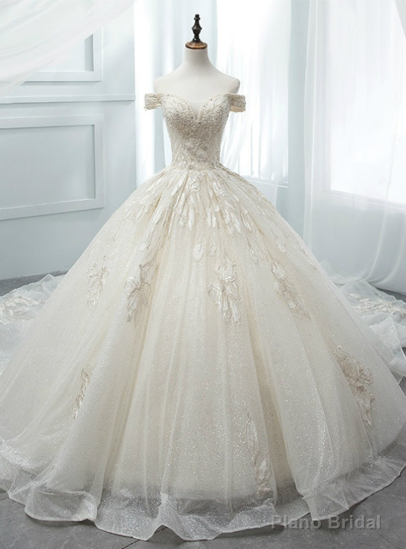 Ligth Champagne Tulle Sequins Off The Shoulder Appliques Wedding Dress Main image