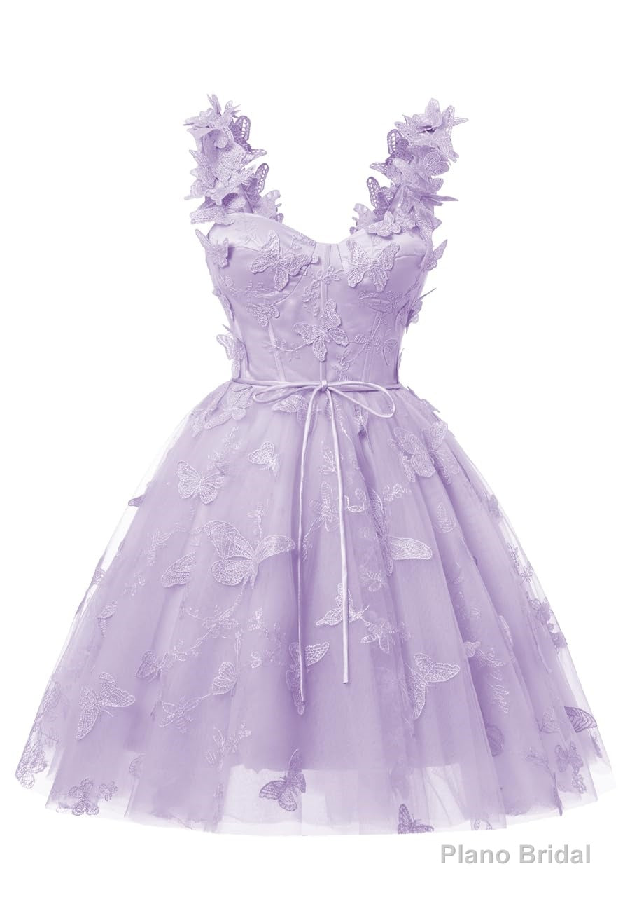 Lilac 3D Butterfly Lace Applique Tulle Homecoming Dress for Teens Sweetheart Mini Short Prom Dresses Main image
