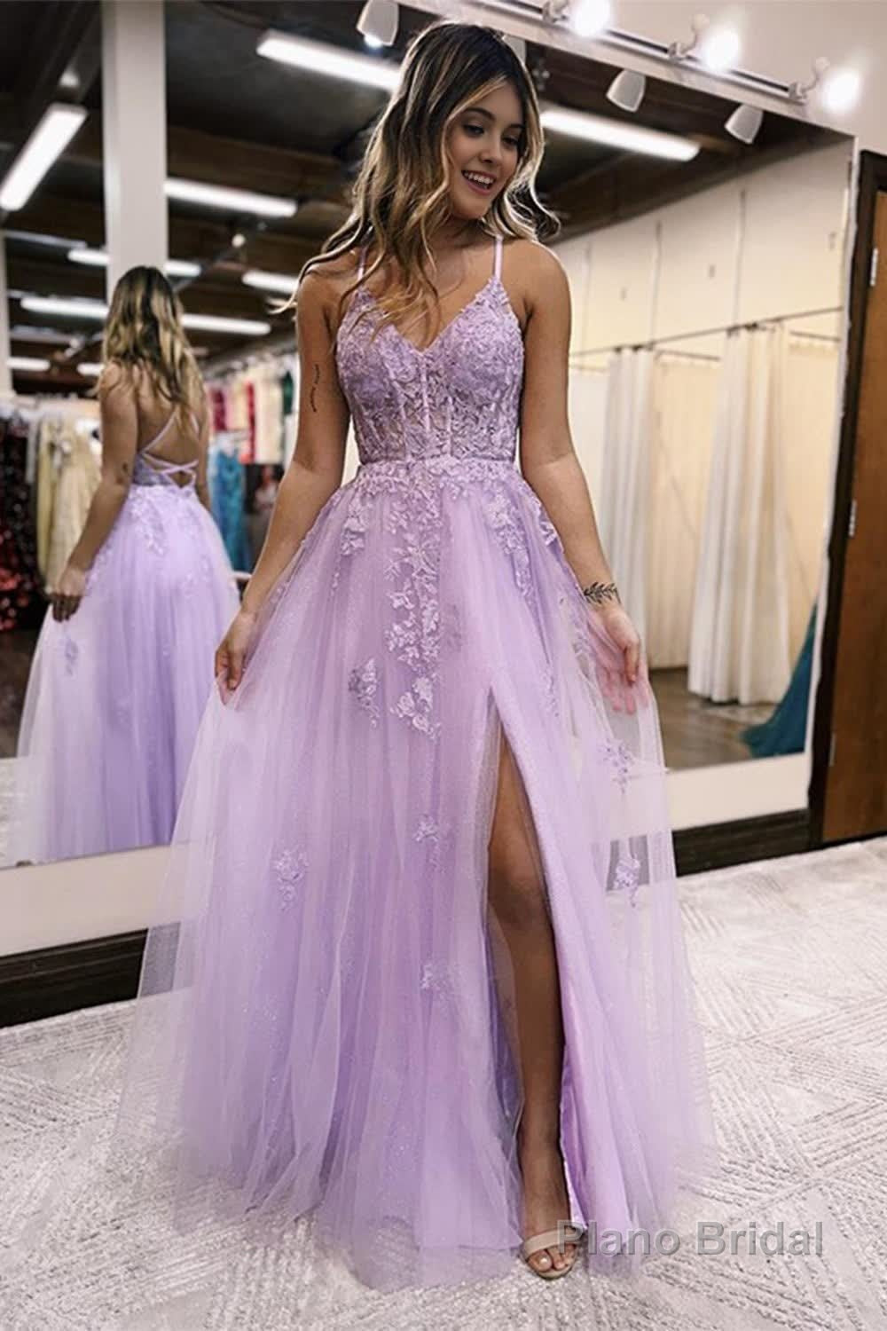 Lilac A-Line Spaghetti Straps Lace Long Prom Dress with Slit Main image