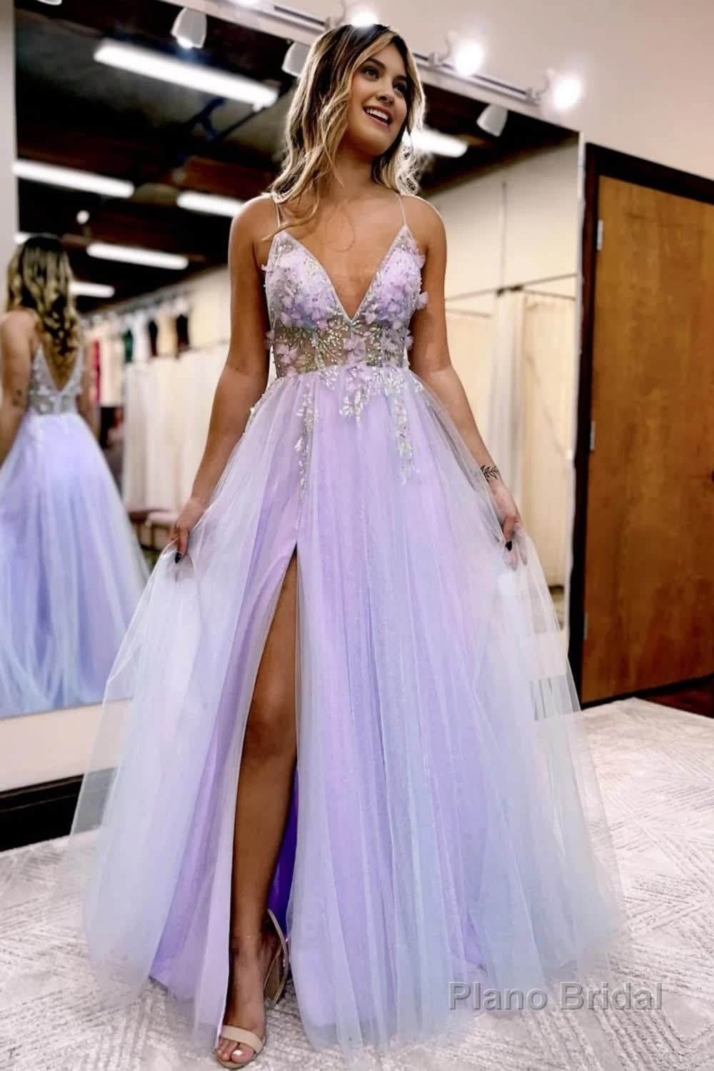 Lilac Beaded A-Line Tulle Prom Dress with Flowers Main image