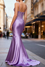 Lilac Floral Classy Mermaid Corset Long Formal Prom Dresses