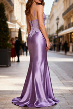 Lilac Floral Elegant Mermaid Corset Long Formal Prom Dresses