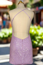 Lilac Homecoming Dresses Sheath/Column Ruched V-neck Sleeveless Short/Mini Dresses
