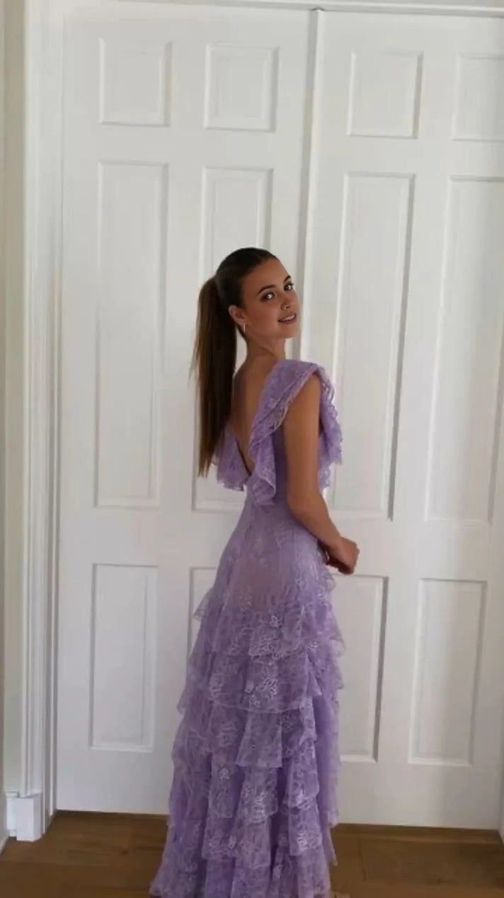 Lilac Lace Long Formal Prom Dresses Formal Evening Gown Party Dresses