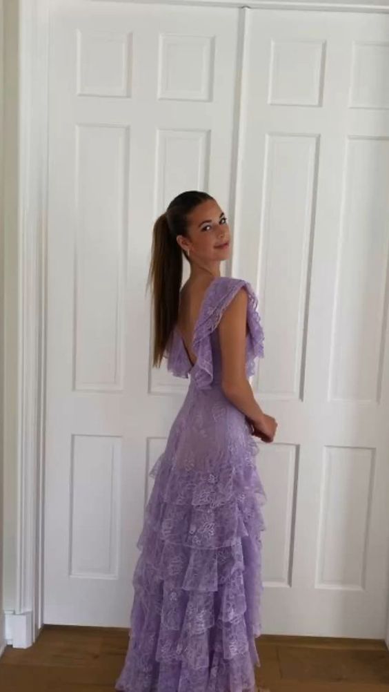 Lilac Lace Long Formal Prom Dresses Party Dresses 21Th Birthday Outfits