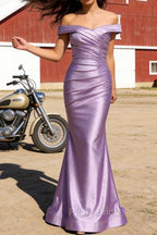 Lilac Mermaid Off the Shoulder Ruched Long Prom Dress