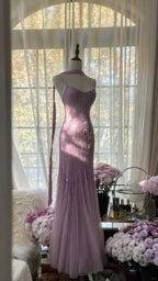 Lilac Mermaid Spaghetti Strap Beaded Chiffon Long Formal Prom Dresses Graduation Formal Prom Dresses