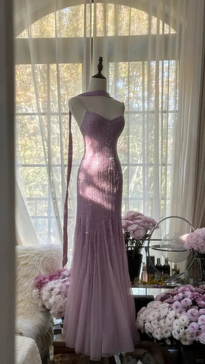 Lilac Mermaid Spaghetti Strap Beaded Chiffon Long Formal Prom Dresses Graduation Formal Prom Dresses