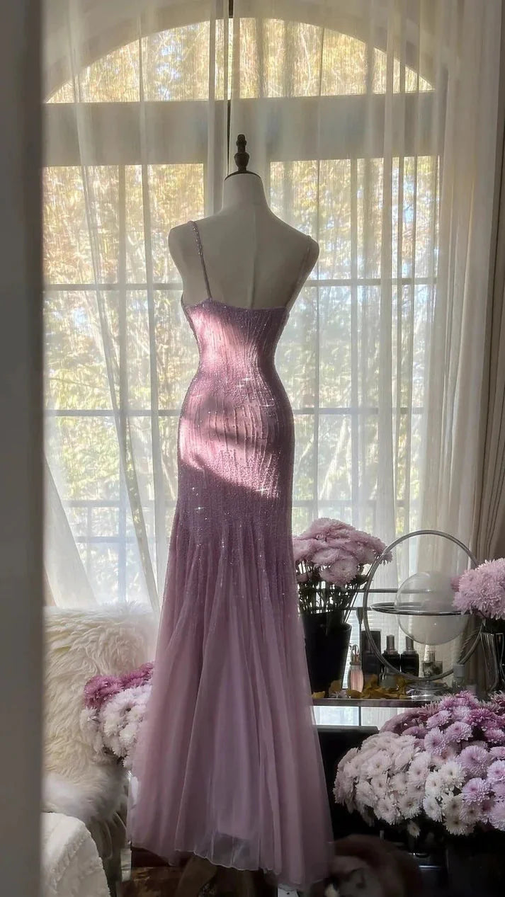 Lilac Mermaid Spaghetti Strap Beaded Chiffon Long Formal Prom Dresses Graduation Formal Prom Dresses