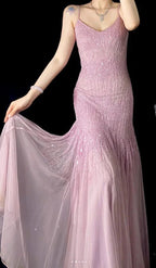 Lilac Mermaid Spaghetti Strap Beaded Chiffon Long Formal Prom Dresses Graduation Formal Prom Dresses