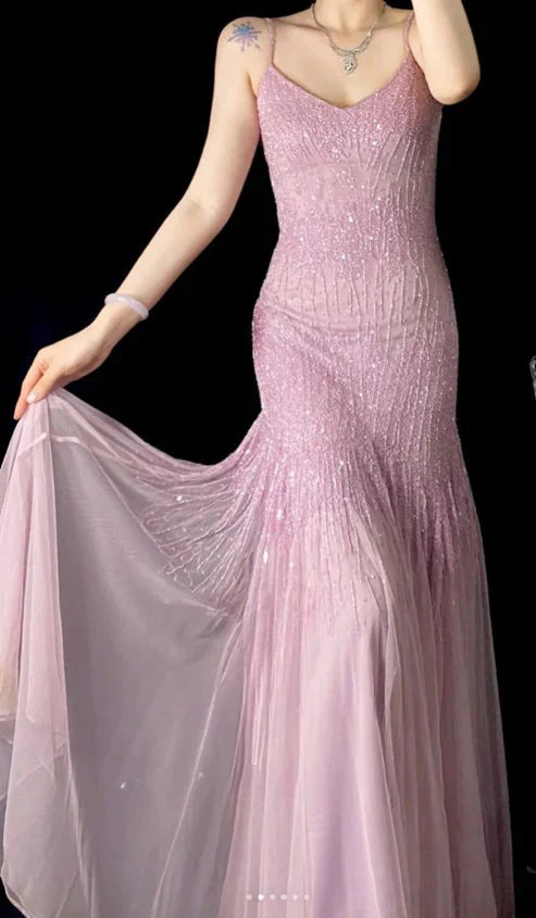Lilac Mermaid Spaghetti Strap Beaded Chiffon Long Formal Prom Dresses Graduation Formal Prom Dresses