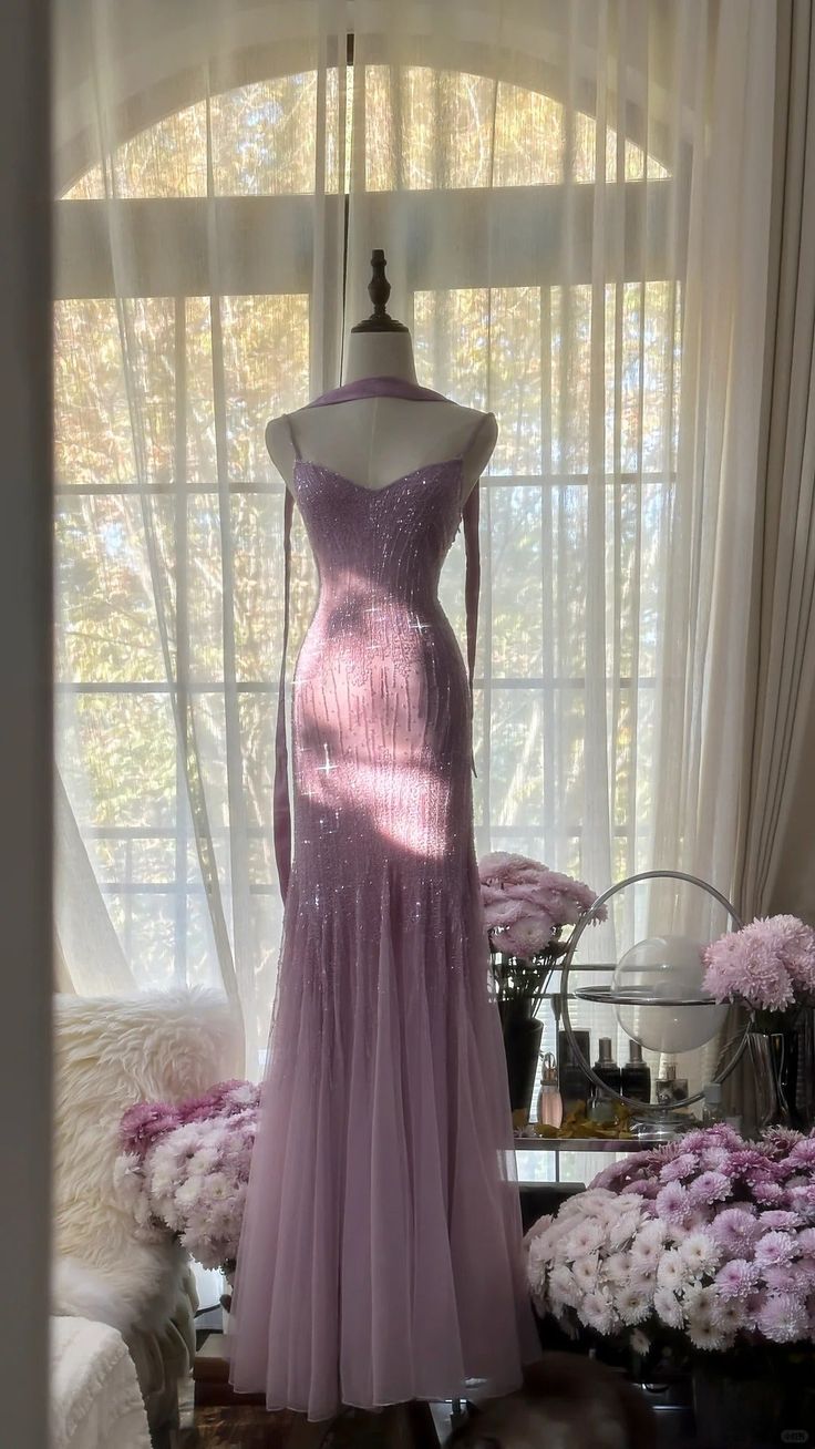 Lilac Mermaid Spaghetti Strap Beaded Chiffon Long Formal Prom Dresses Graduation Formal Prom Dresses