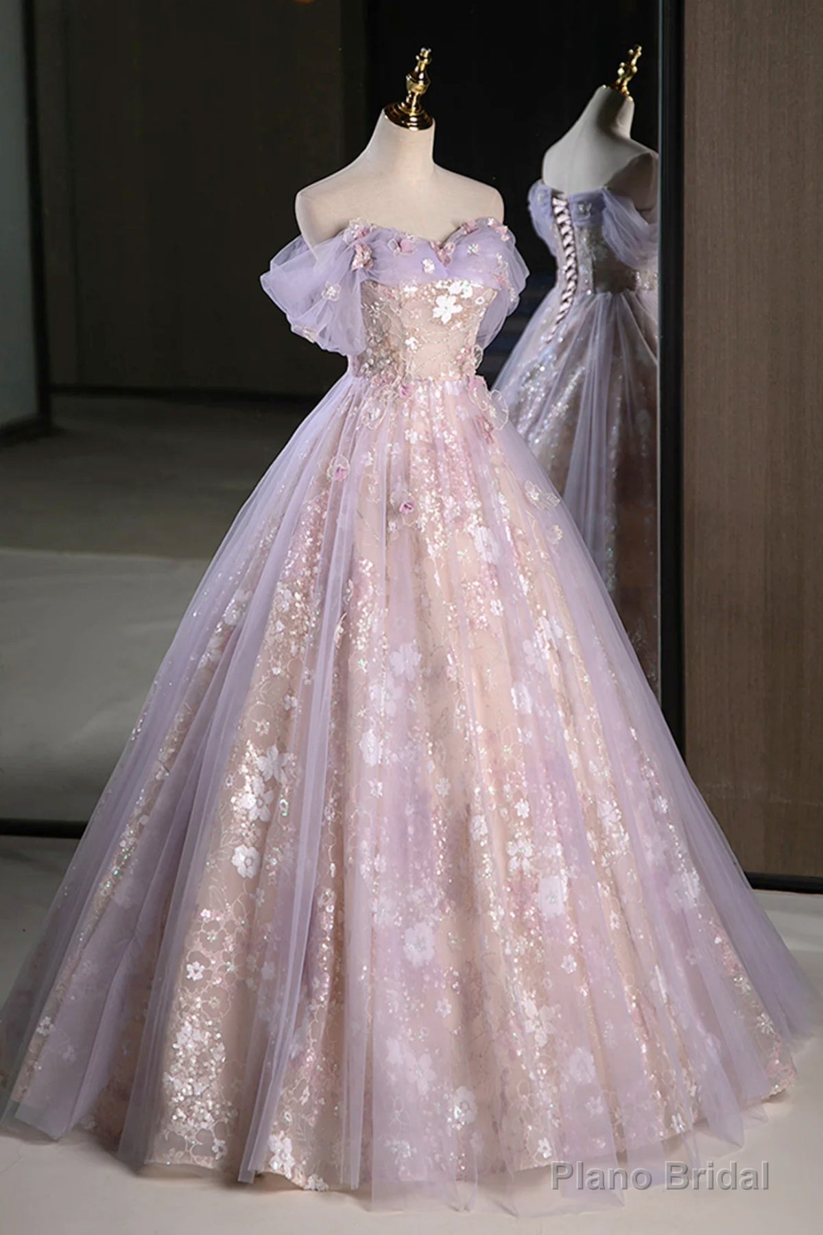 Lilac Off The Shoulder Tulle A Line Prom Dress With Appliques