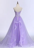 Lilac Formal Prom Dresses, A-line/Princess Sweetheart Sleeveless Sweep Train Tulle Formal Prom Dresses With Beading Appliqued