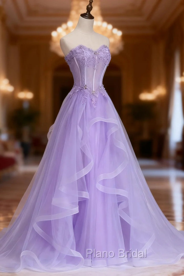 Lilac Formal Prom Dresses, A-line/Princess Sweetheart Sleeveless Sweep Train Tulle Formal Prom Dresses With Beading Appliqued Main image