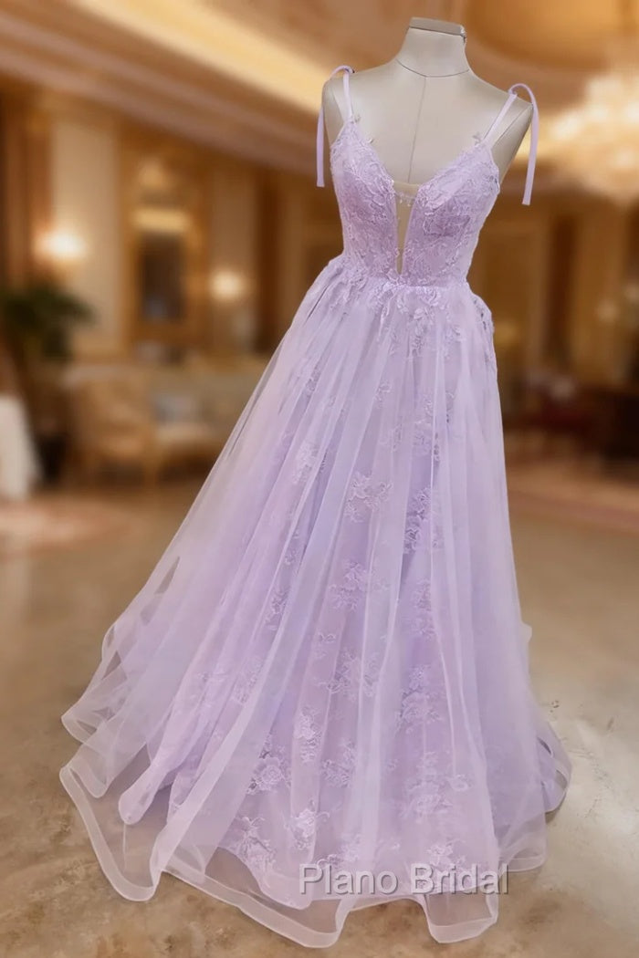 Lilac Formal Prom Dresses, A-line V Neck Spaghetti Straps Long/Floor-Length Lace Tulle Formal Prom Dresses Main image