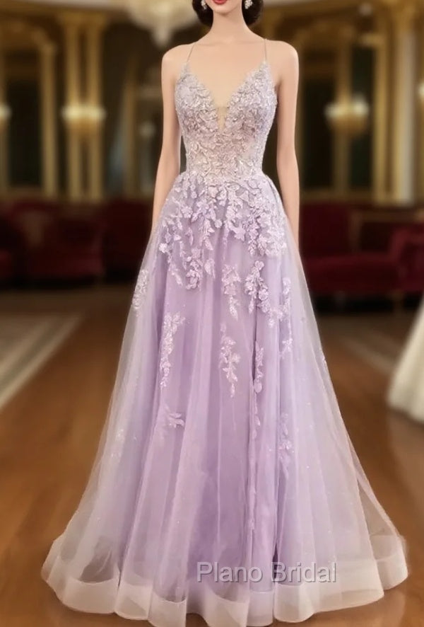 Lilac Formal Prom Dresses, A-line V Neck Spaghetti Straps Long/Floor-Length Tulle Formal Prom Dresses With Appliqued Sequins
