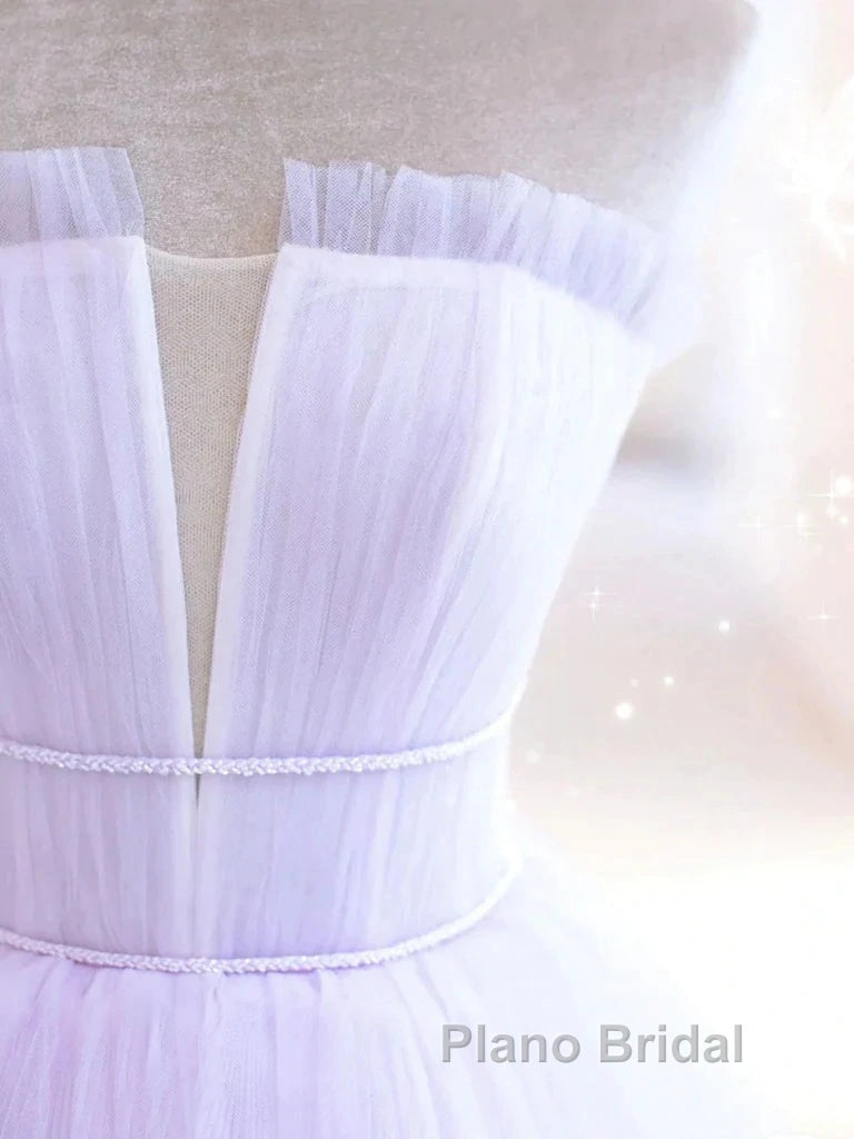 Lilac Purple Strapless Tulle Sheer A Line Formal Prom Dresses