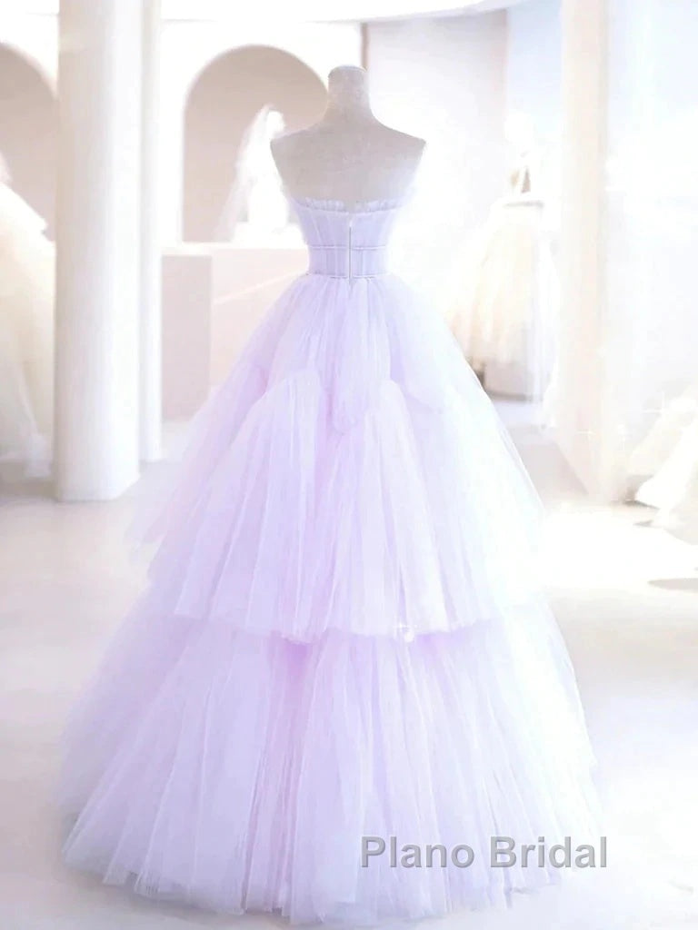 Lilac Purple Strapless Tulle Sheer A Line Formal Prom Dresses
