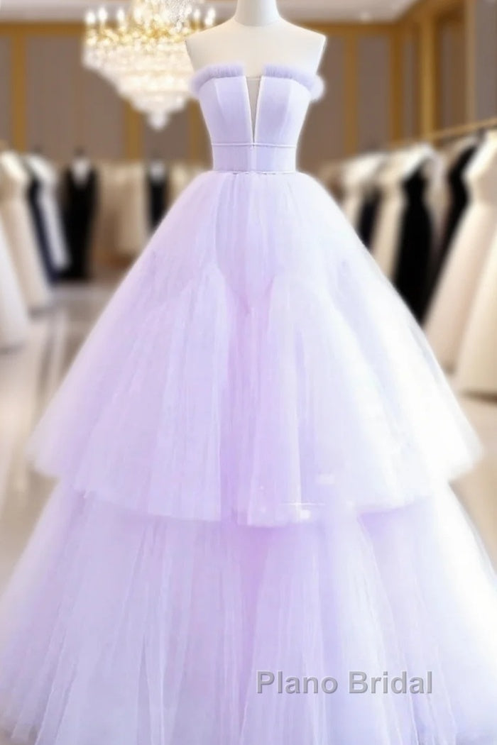 Lilac Purple Strapless Tulle Sheer A Line Formal Prom Dresses