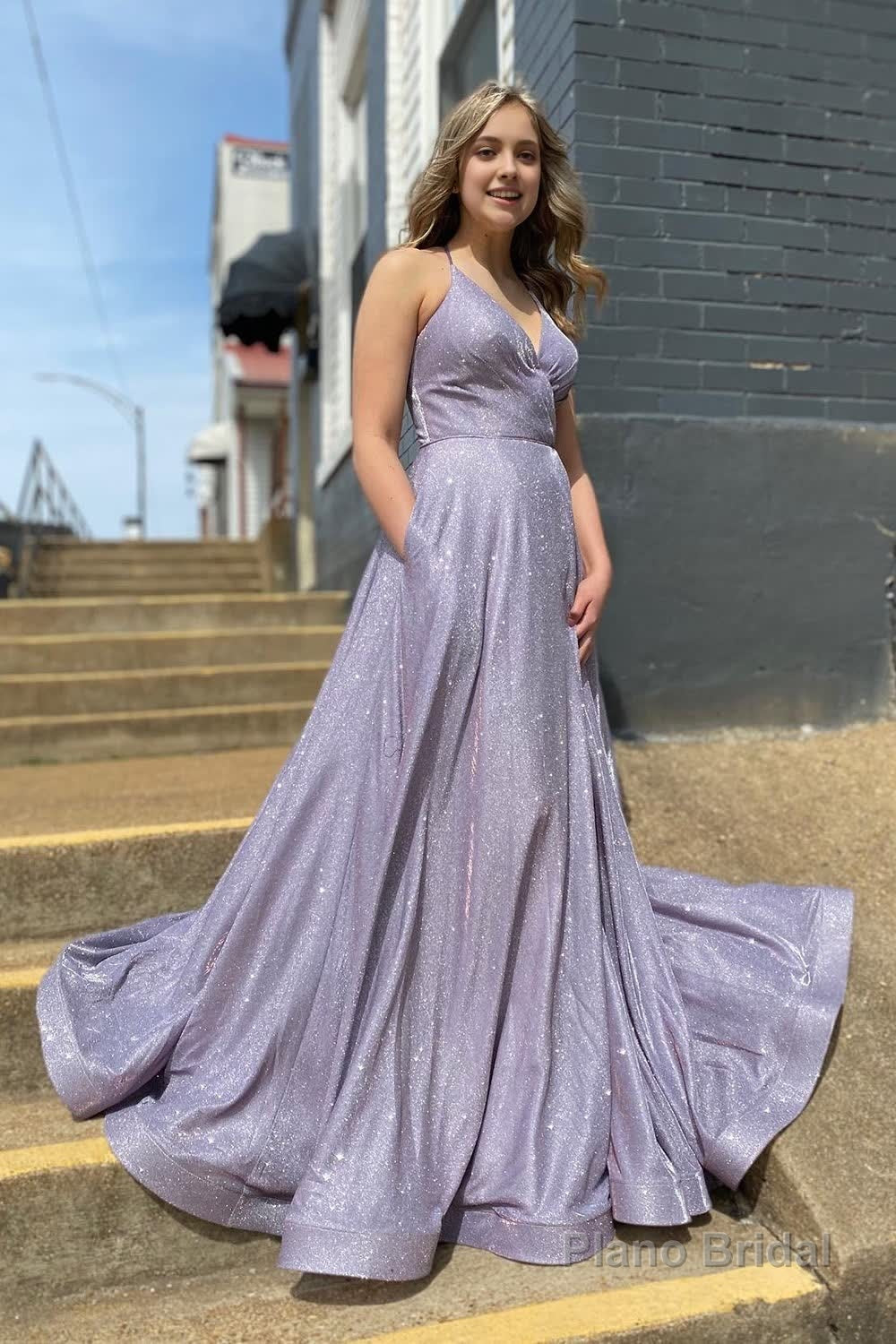 Lilac Spaghetti Straps Long Prom Dress with Pockets Main image