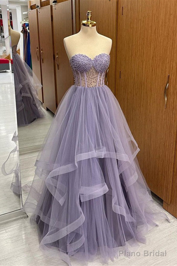 Lilac Strapless Beaded Ruffle-Layers Tulle Long Prom Dress Main image