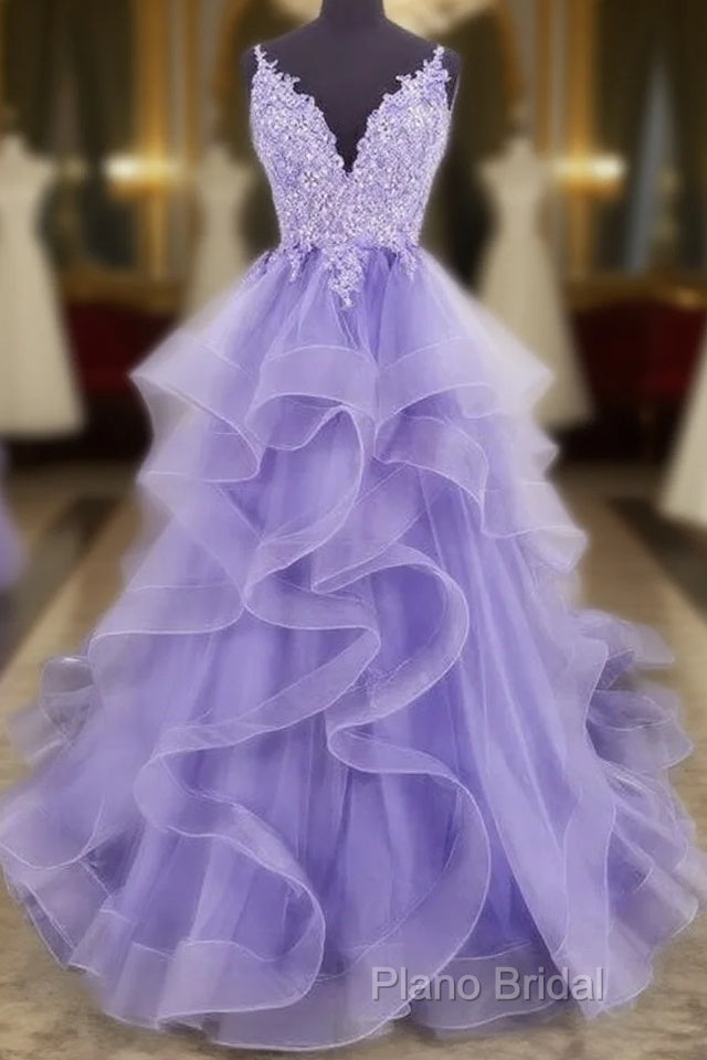 Lilac Tull Lace Applique Ball Gown Straps Long Formal Prom Dresses Elegant Formal Dresses Main image