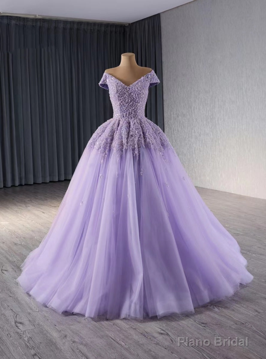 Lilac Tulle Sequins Off the Shoulder Prom Dress Main image