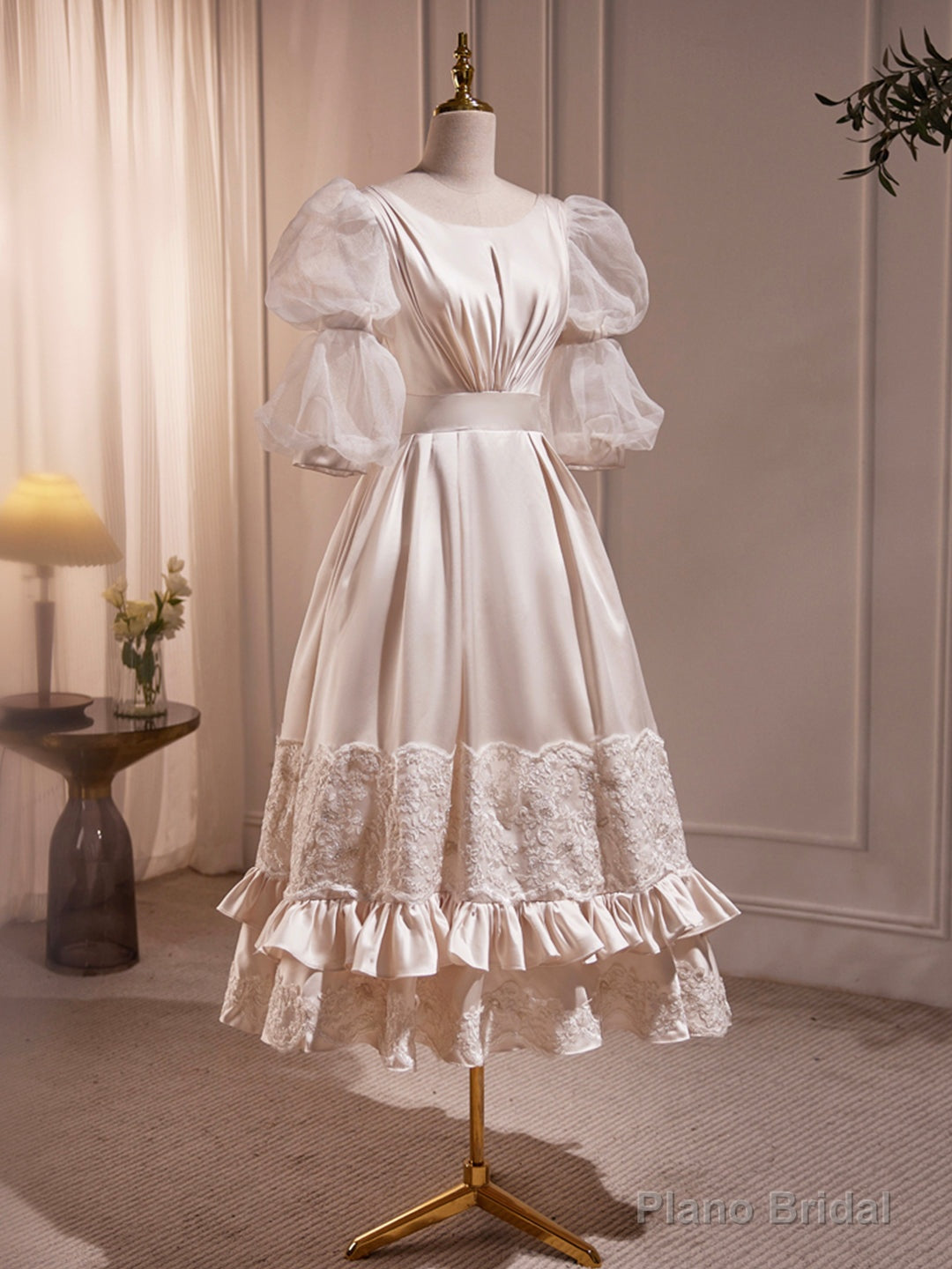 Beautiful Scoop Neck Tea Length Prom Dress, A-Line Puffy Short Sleeve Backless Party Dress Secondary image