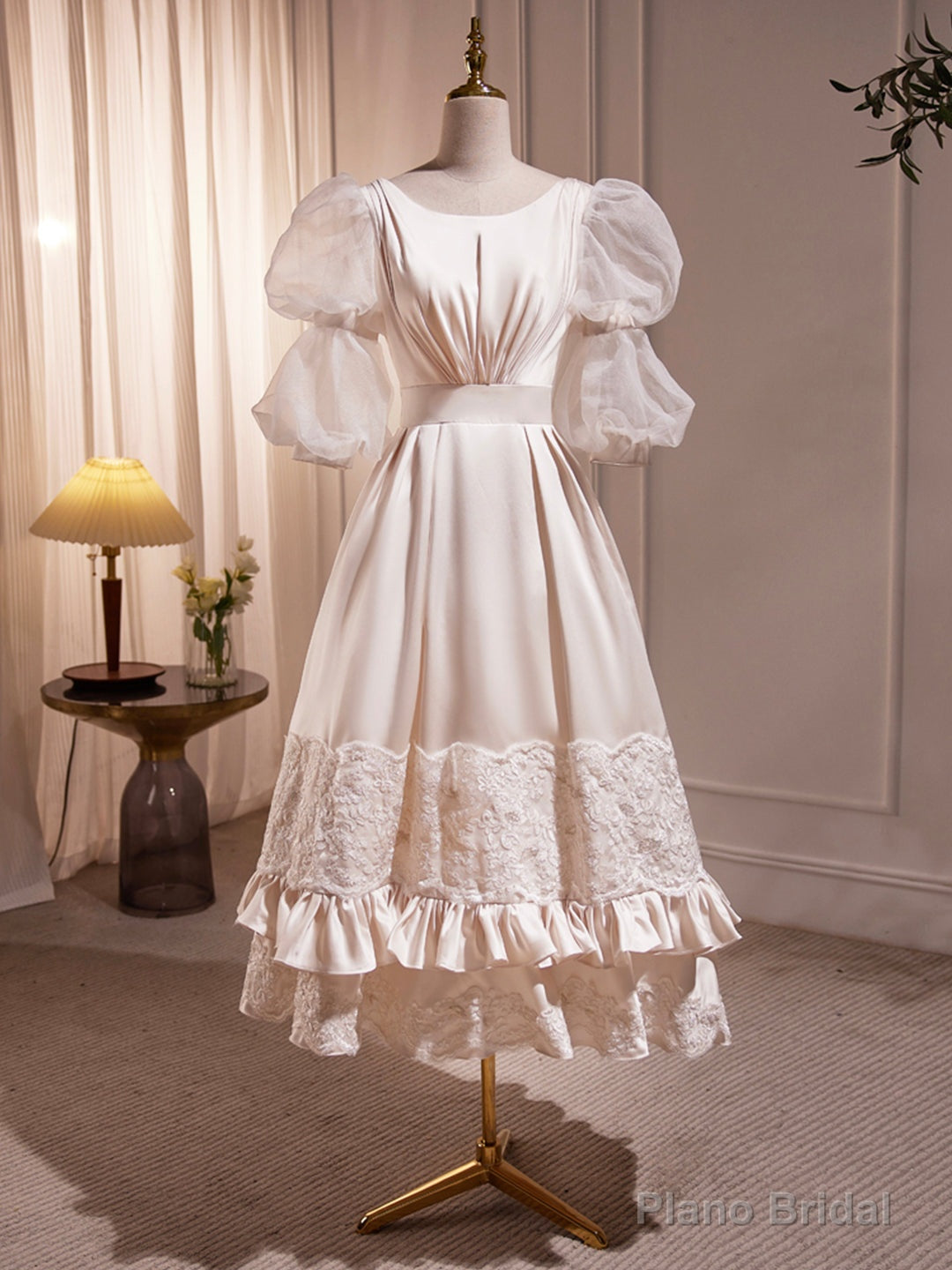 Beautiful Scoop Neck Tea Length Prom Dress, A-Line Puffy Short Sleeve Backless Party Dress Main image