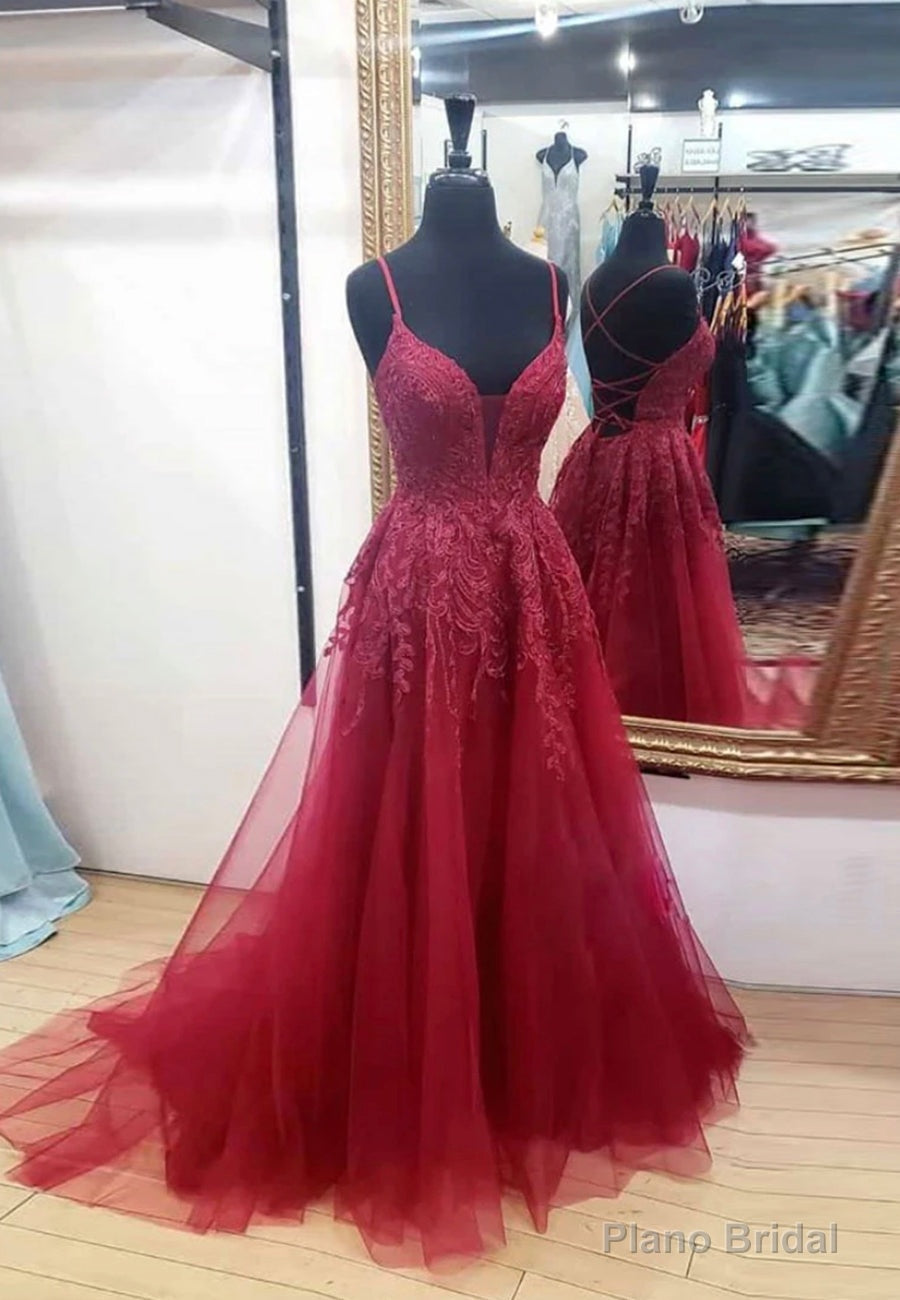 Burgundy V-Neck Lace Long Prom Dresses, A-Line Evening Dresses Main image