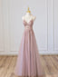 Pink V-Neck Tulle Long Prom Dress with Beaded, Pink Spaghetti Strap Evening Dress
