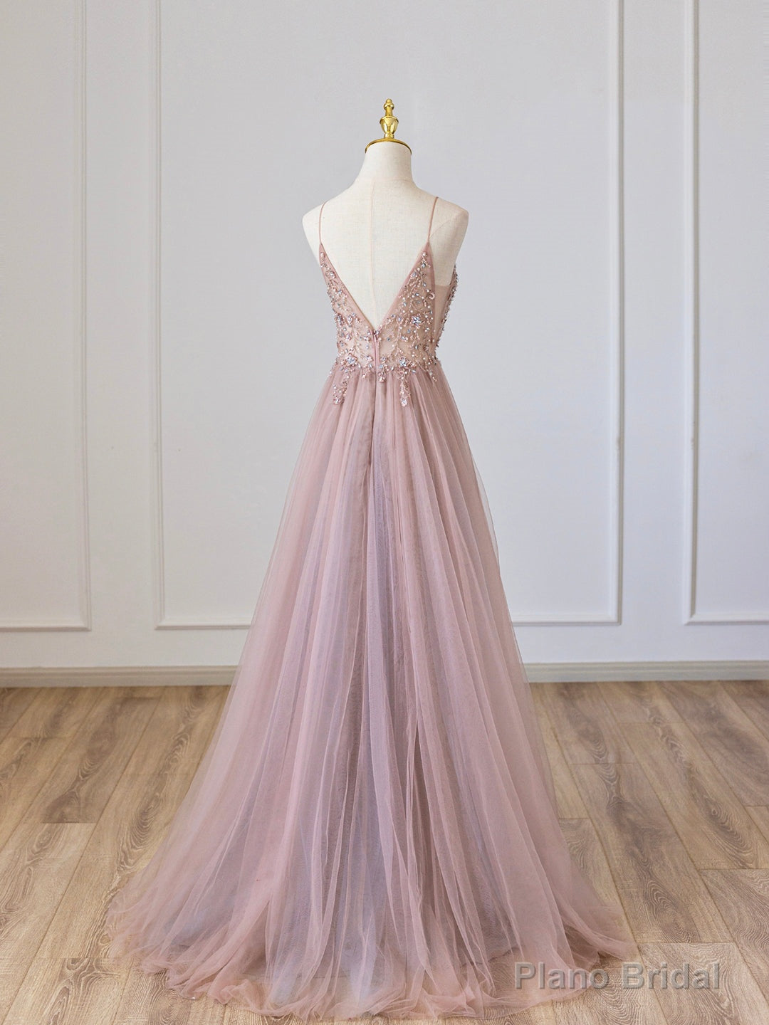 Pink V-Neck Tulle Long Prom Dress with Beaded, Pink Spaghetti Strap Evening Dress Secondary image
