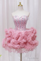 Pink Sweetheart Neckline Tulle Short Prom Dress with Rhinestones, Cute Party Dress