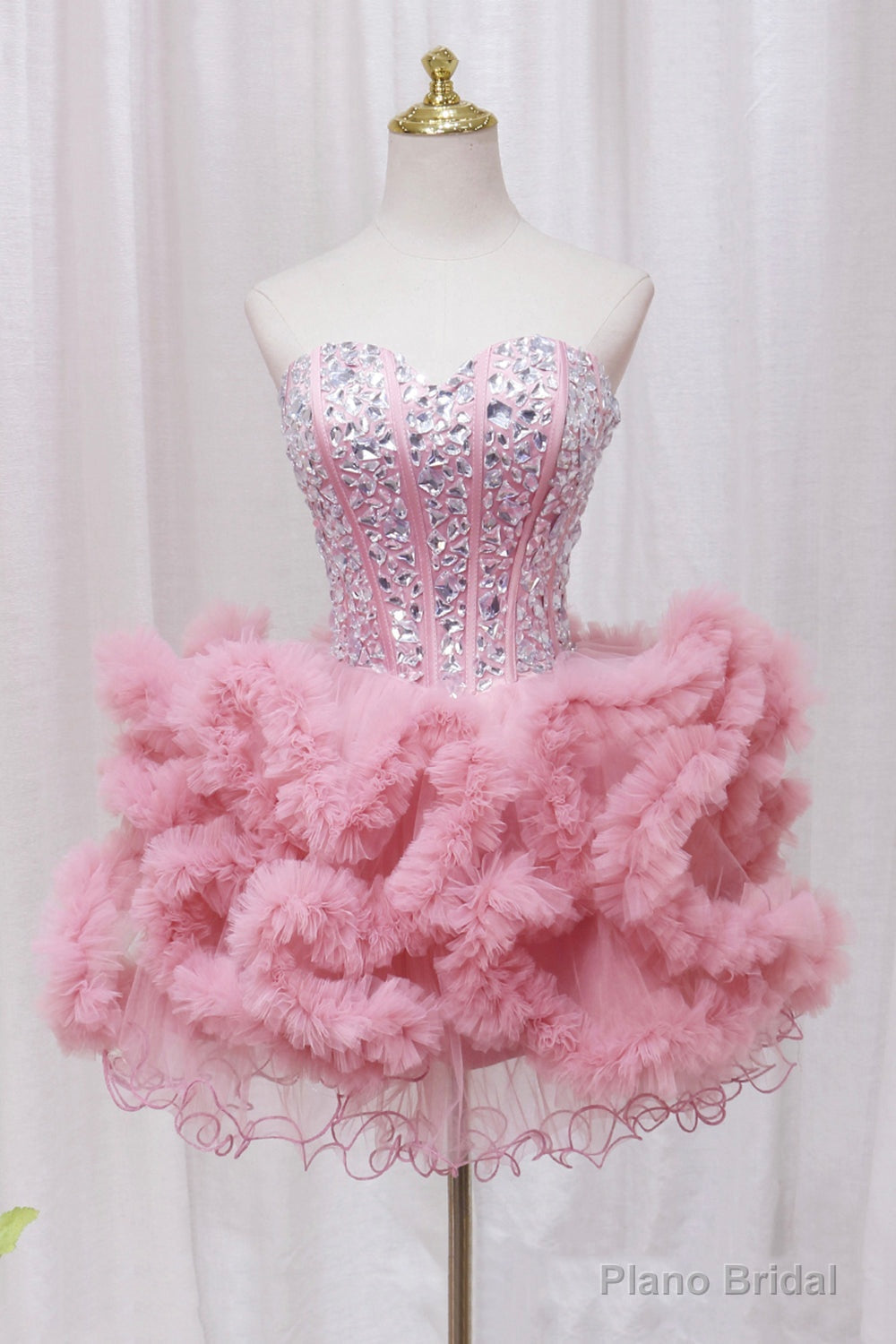 Pink Sweetheart Neckline Tulle Short Prom Dress with Rhinestones, Cute Party Dress