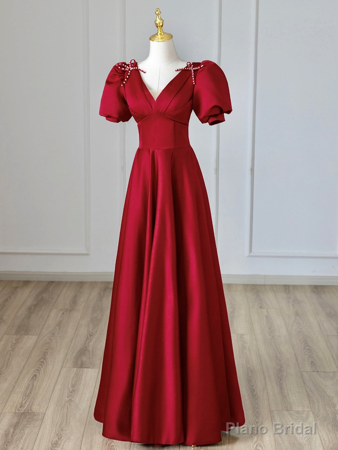Burgundy V-Neck Satin Long Prom Dress, Burgundy Formal Evening Dress Main image