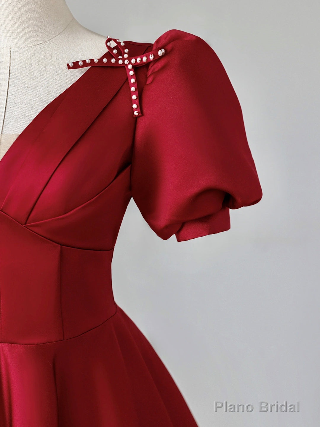 Burgundy V-Neck Satin Long Prom Dress, Burgundy Formal Evening Dress