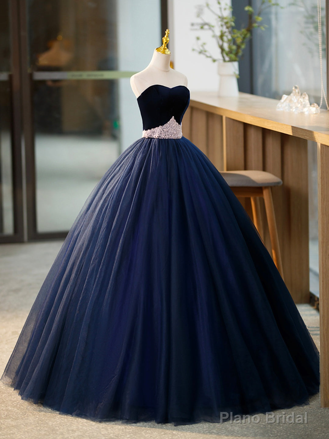 Blue Tulle Long Formal Dress with Velvet, Blue Sweetheart Neck Prom Dress Main image