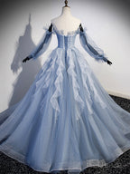 Blue Strapless Tulle Long Prom Dress, Chic A-Line Formal Dress with Long Sleeves